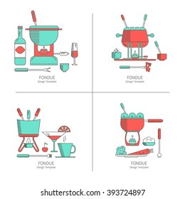 Fondue party. Vector icon set in the trendy linear style on isolated background. Traditional Swiss dishes. It can be used as design elements  for cards, invitations, menus,  printing products