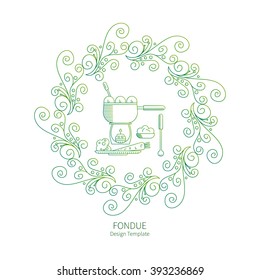 Fondue party. Vector labels in trendy linear style on isolated background. Traditional Swiss dishes. It can be used as design elements for cards, invitations, menus, and other printing products.