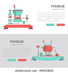 Fondue party. Fondue. Vector set of banners in the trendy linear style. Traditional Swiss dishes. It can be used as design elements for cards, invitations, menus and other printing products.