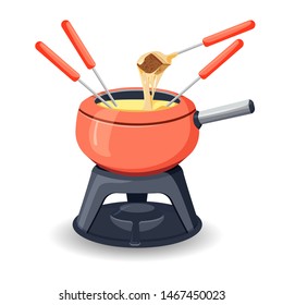 Fondue pot with assorted delicious traditional swiss cheese with burner and long handled forks with bread for dipping on white background. Vector