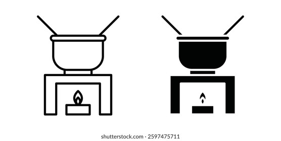 Fondue pot vector icon set black filled and outlined style.