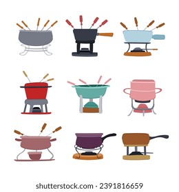 fondue set cartoon. dip swiss, pot melted, hot dinner fondue sign. isolated symbol vector illustration