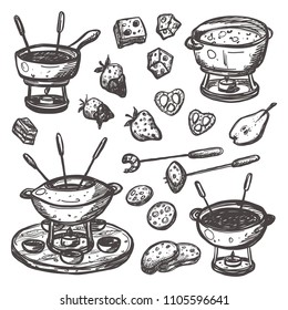 Fondue set. Traditional swiss dish. Hand drawn vector illustration. Can be used for farmers market, food festival, menu, cafe, restaurant, bar, poster, banner, emblem, sticker, logo, label.