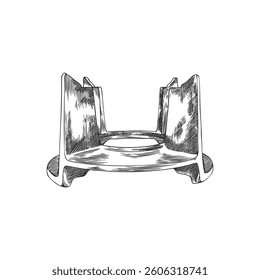 Fondue stand pencil sketch vector. Metal or cast iron device for caquelon. Equipment for making cheese fondue. Hand drawn illustration. Vintage outline style. Isolated background.