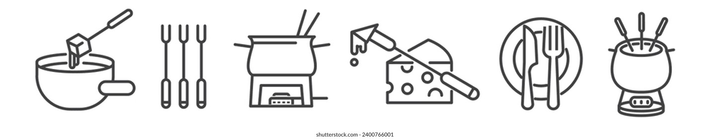 Fondue thin line icons. Vector illustration collection. Melting cheese, fondue pot, fork and plate
