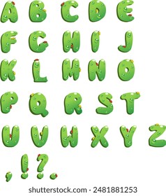 font 26 green letters with water droplets in the theme of environment protection animal plants. Vector illustration green letters with shadow and crawling ladybugs in red and yellow. The set includes