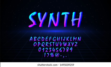 Font in 80s / 90s style. Retrowave / synthwave / vaporwave design letters, numbers, symbols on dark background with laser grid in starry space. Vector. Eps 10