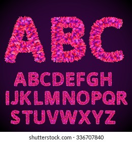 Font from abstract Purple Violet Red Leaves. Vector alphabet 