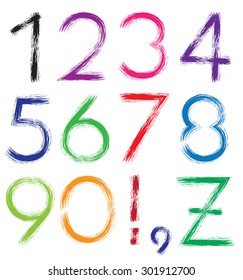 Font. Alphabet. #1. Numbers 0-9 + exclamation mark (!) + comma + Letter Z. The font is drawn with a brush. Color can be changed easily.