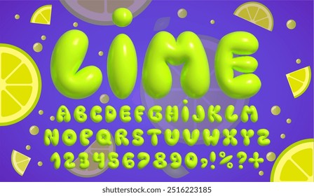 Font, alphabet 3d style. Lime, acidic, super bright and trendy bubble letters, numbers and signs on purple background with drops and pieces of juicy citrus fruits