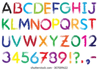 Font. Alphabet. #4. Letters A-Z + Numbers 0-9  + exclamation mark (!) + question mark (?) + point + comma + dash, hyphen (-). The font is drawn with a brush. Color of a font can be changed easily.