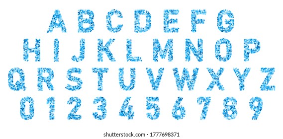 Alfabeto de letra de confetti de color azul. Cartas festivas de carnaval, fiestas de cumpleaños ABC y figuras. Símbolos del logotipo. Celebremos los números de aniversario. Tipo de letra del alfabeto caligráfico confetti aislado por vectores.