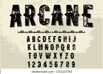 font alphabet, classic lettering, retro typeface black style name arcane