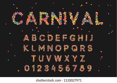 Font alphabet of colored confetti. Festive carnival letters, birthday, Brazilian festival of paints. Set holiday symbol. Celebrate anniversary numbers. Vector isolated on black background