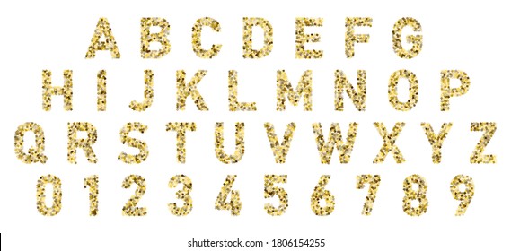 Alfabeto de letra de confeti dorado de color. Cartas festivas de carnaval, fiestas de cumpleaños ABC y figuras. Símbolos del logotipo. Celebremos los números de aniversario. Tipo de letra del alfabeto caligráfico confetti aislado por vectores.