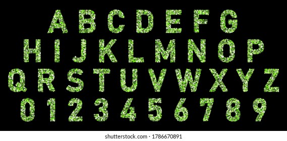 Alfabeto de letra de confetti verde coloreado. Cartas festivas de carnaval, fiestas de cumpleaños ABC y figuras. Símbolos del logotipo. Celebremos los números de aniversario. Tipo de letra del alfabeto caligráfico confetti aislado por vectores.