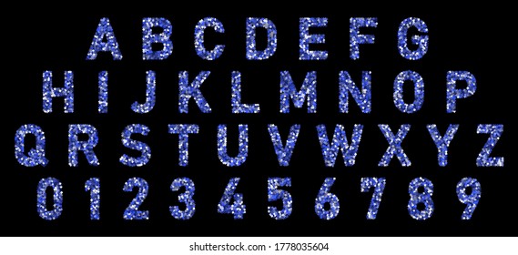 Alfabeto de letras de índigo índigo colorido. Cartas festivas de carnaval, fiestas de cumpleaños ABC y figuras. Símbolos del logotipo. Celebremos los números de aniversario. Tipo de letra del alfabeto caligráfico confetti aislado por vectores.