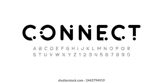 Font alphabet creative modern with black dots, letters A, B, C, D, E, F, G, H, I, J, K, L, M, N, O, P, Q, R, S, T, U, V, W, X, Y, Z and numerals 0, 1, 2, 3, 4, 5, 6, 7, 8, 9, vector illustration 10EPS