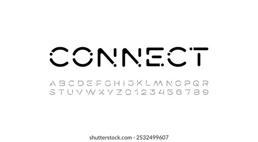Alfabeto tipográfico moderno creativo con puntos negros, letras A, B, C, D, E, F, G, H, I, J, K, L, M, N, O, P, Q, R, S, T, U, V, W, X, Y, Z y números 0, 1, 2, 3, 4, 5, 6, 7, 8, 9, Ilustración vectorial 10EPS
