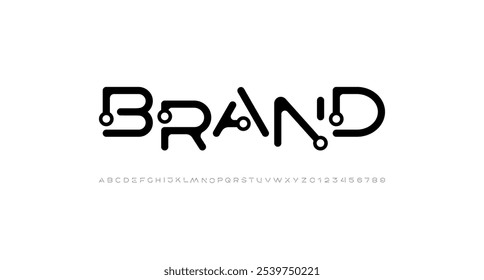 Font alphabet creative modern with black rings, letters A, B, C, D, E, F, G, H, I, J, K, L, M, N, O, P, Q, R, S, T, U, V, W, X, Y, Z and numerals 0, 1, 2, 3, 4, 5, 6, 7, 8, 9, vector illustration 10.