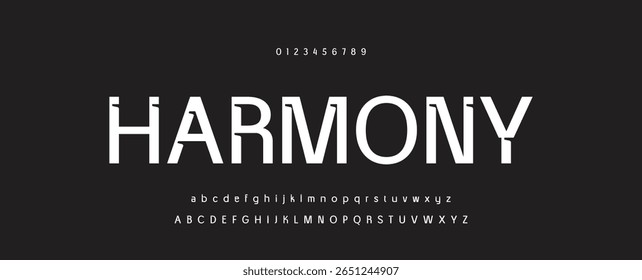 Alfabeto de fonte moderno criativo com pontos pretos, letras A, B, C, D, E, F, G, H, I, J, K, L, M, N, O, P, Q, R, S, T, V, W, X, Y, Z e algarismos 0, 1, 2, 3, 4, 5, 6, 7, 8, 9, ilustração vetorial 10EPS