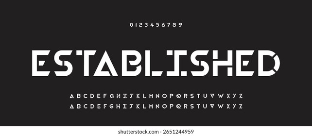 Alfabeto de fonte moderno criativo com pontos pretos, letras A, B, C, D, E, F, G, H, I, J, K, L, M, N, O, P, Q, R, S, T, V, W, X, Y, Z e algarismos 0, 1, 2, 3, 4, 5, 6, 7, 8, 9, ilustração vetorial 10EPS