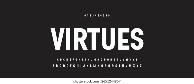 Alfabeto de fonte moderno criativo com pontos pretos, letras A, B, C, D, E, F, G, H, I, J, K, L, M, N, O, P, Q, R, S, T, V, W, X, Y, Z e algarismos 0, 1, 2, 3, 4, 5, 6, 7, 8, 9, ilustração vetorial 10EPS