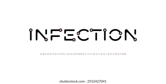 Alfabeto tipográfico moderno creativo con puntos rojos, letras A, B, C, D, E, F, G, H, I, J, K, L, M, N, O, P, Q, R, S, T, U, V, W, X, Y, Z y números 0, 1, 2, 3, 4, 5, 6, 7, 8, 9, Ilustración vectorial 10EPS