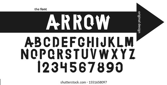 Font alphabet design with black arrow. Flat logo design. Vector typeface modern typography.