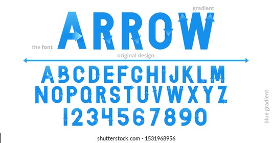 Font alphabet design with blue gradient arrow. Flat logo design. Vector typeface