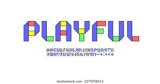 Font alphabet folded from colored paper, minimal technology style letters and numbers made in multi-colored ribbon, vector illustration 10EPS