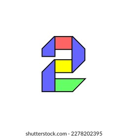 Font alphabet folded from colored paper, Arab number two logo made in multi-colored ribbon, vector illustration 10EPS