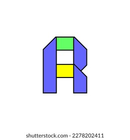 Font alphabet folded from colored paper, letter r, made in multi-colored ribbon, vector illustration 10EPS