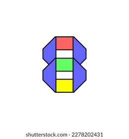 Font alphabet folded from colored paper, Arab number eight logo made in multi-colored ribbon, vector illustration 10EPS