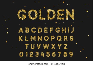 Font alphabet from gold confetti, letter golden serpentine. Vector isolated on black background