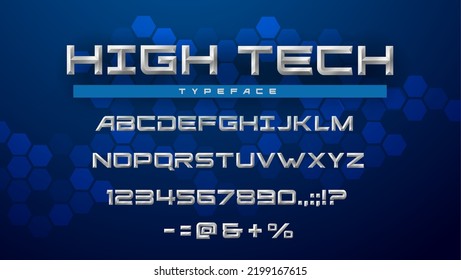 Font Alphabet And High Tech Type, Digital Technology And Futuristic 3d. Vector Space Or Electronic Font Alphabet In Silver Blue, Industrial Minimal Techno Typeface, Cyber Innovation Typography Symbols