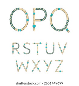 Fonte, alfabeto, letras de dreadlocks de O a Z. Objetos vetoriais isolados no plano de fundo branco.