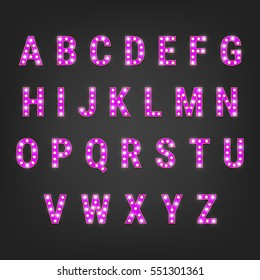 Font. Alphabet with light bulbs. Glowing retro typeface with lightbulbs.