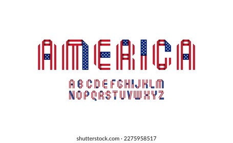 Font alphabet made in American flag style, letters folded from colored paper ribbons, vector illustration 10EPS
