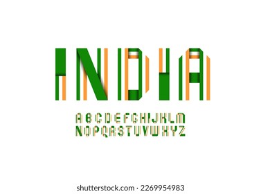 Font alphabet made in Indian style, letters folded from colored paper ribbons, vector illustration 10EPS