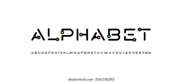 Font alphabet with multi-colored dots, letters A, B, C, D, E, F, G, H, I, J, K, L, M, N, O, P, Q, R, S, T, U, V, W, X, Y, Z and numerals 0, 1, 2, 3, 4, 5, 6, 7, 8, 9, vector illustration 10EPS.