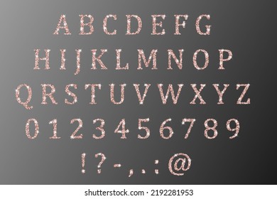 Font alphabet of pink gold confetti. Festive carnival letters, birthday holiday ABC, figures. Logo symbols. Celebrate anniversary numbers. Vector confetti calligraphic alphabet font. punctuation marks