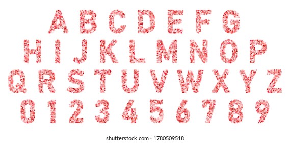 Alfabeto de letra de confetti de color rojo. Cartas festivas de carnaval, fiestas de cumpleaños ABC y figuras. Símbolos del logotipo. Celebremos los números de aniversario. Tipo de letra del alfabeto caligráfico confetti aislado por vectores.