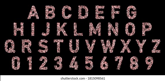 Font alphabet of rose gold confetti. Festive carnival letters, birthday holiday ABC and figures. Logo symbols. Celebrate anniversary numbers. Vector isolated confetti calligraphic alphabet font.