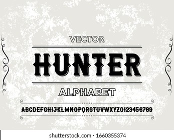 Font alphabet Script Typeface handcrafted handwritten vector label design old style. vintage Hand Drawn.Retro Typography.Vector Illustration.name hunter