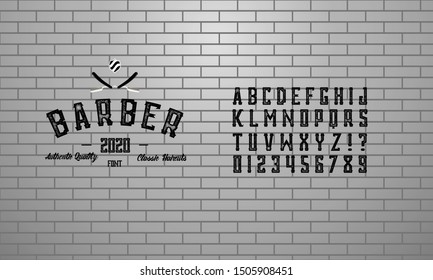 Font. Alphabet. Script. Typeface. Label. Barber Shop typeface, labels and different type designs