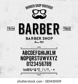 Font. Alphabet. Script. Typeface. Label. Barber Shop typeface, labels and different type designs