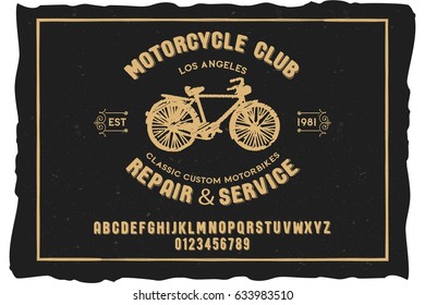 Font. Alphabet. Script. Typeface. Label. Motorcycle Club typeface. For labels and different type designs