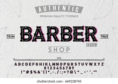 Font. Alphabet. Script. Typeface. Label.Barber typeface. For labels and different type designs