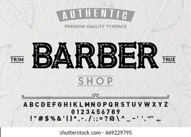 Font. Alphabet. Script. Typeface. Label.Barber typeface. For labels and different type designs